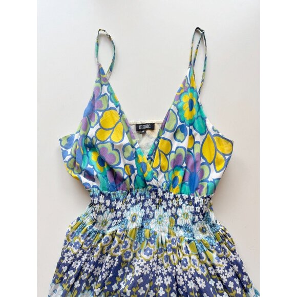 Vintage 00's MAGIC Blue Green Yellow Floral Cotton Voile Maxi Dress, Size M - Picture 6 of 13